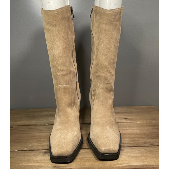 Vince Camuto Women's Babellie Mid Calf Boots Size 9 Taupe Suede Cowboy Western - Picture 3 of 16